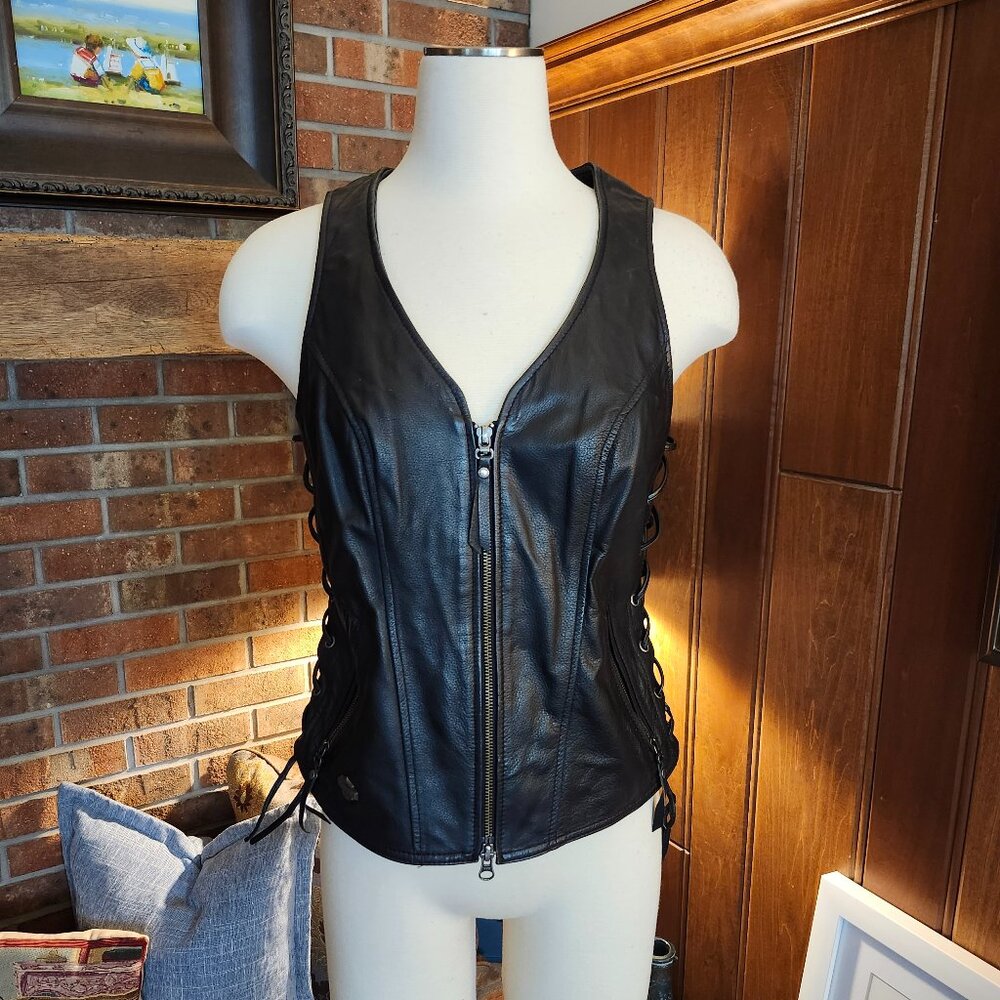 Harley-Davidson Black Faux Leather Lace-Up Sleeveless Vest